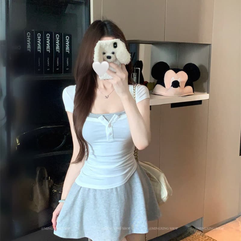 양모 대 u 칼라 단추 반팔 티셔츠 행침 목 니트 플리츠 슬립 여성 드레스 2026 여름 섹션 투피스 세트 이미지 5