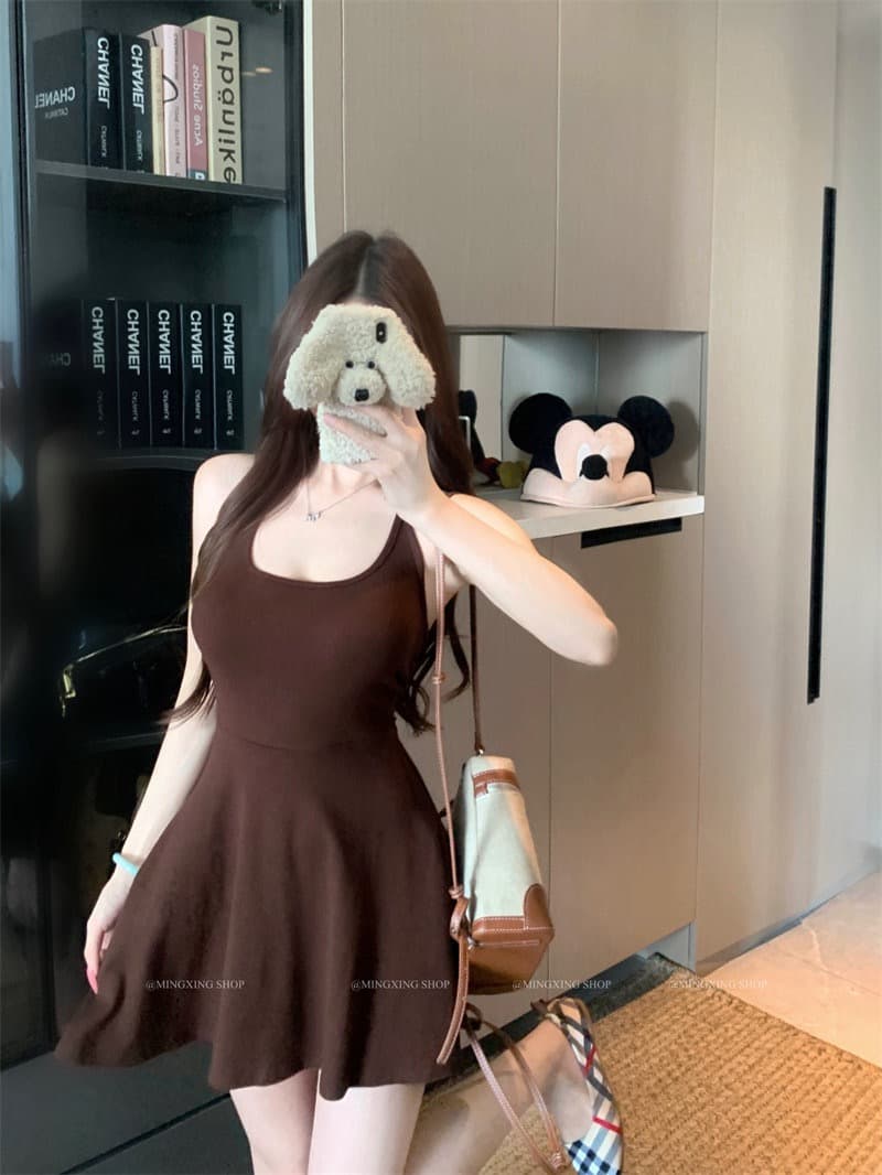 양모 대 u 칼라 단추 반팔 티셔츠 행침 목 니트 플리츠 슬립 여성 드레스 2026 여름 섹션 투피스 세트 이미지 3