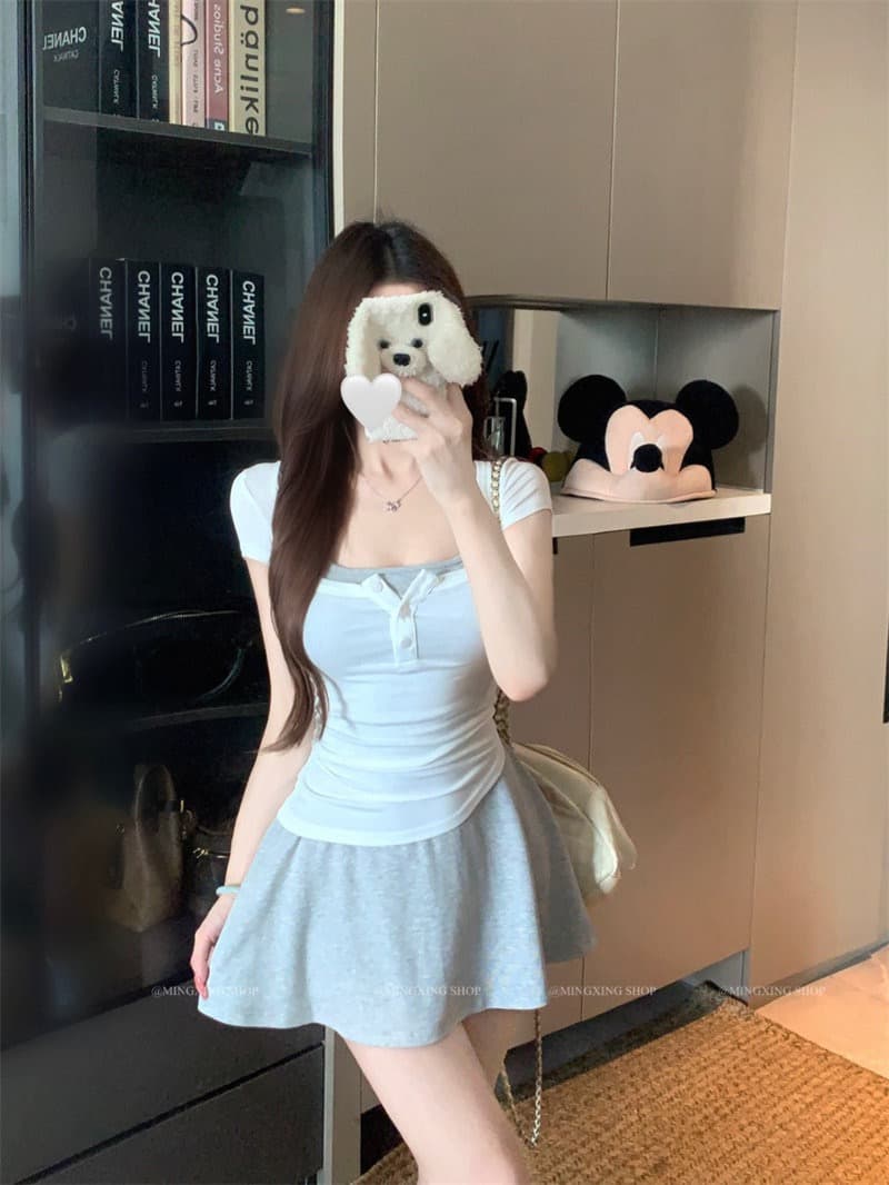 양모 대 u 칼라 단추 반팔 티셔츠 행침 목 니트 플리츠 슬립 여성 드레스 2026 여름 섹션 투피스 세트 상세 이미지 4