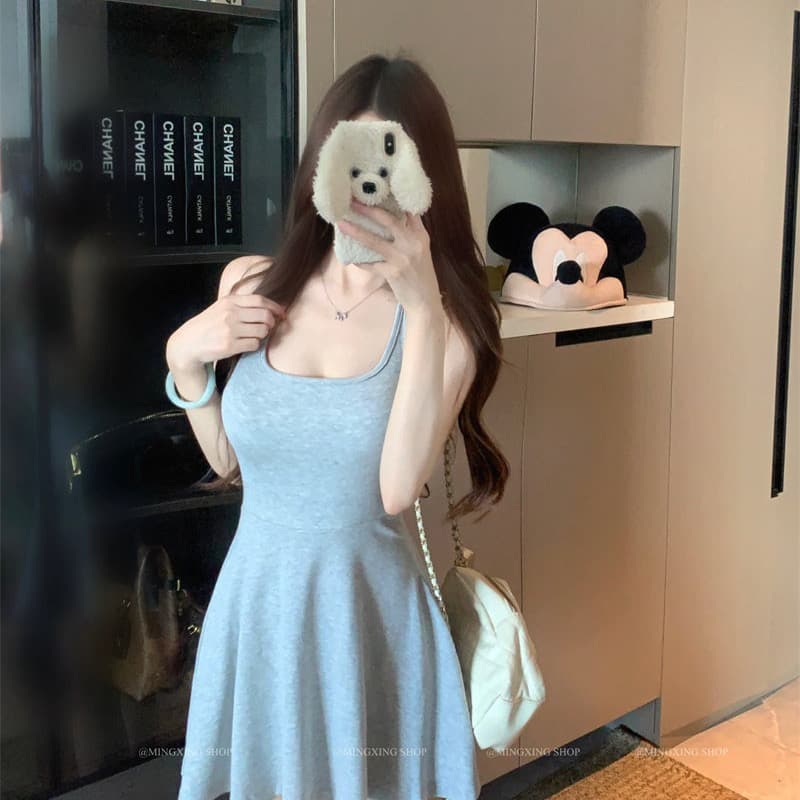 양모 대 u 칼라 단추 반팔 티셔츠 행침 목 니트 플리츠 슬립 여성 드레스 2026 여름 섹션 투피스 세트 상세 이미지 5
