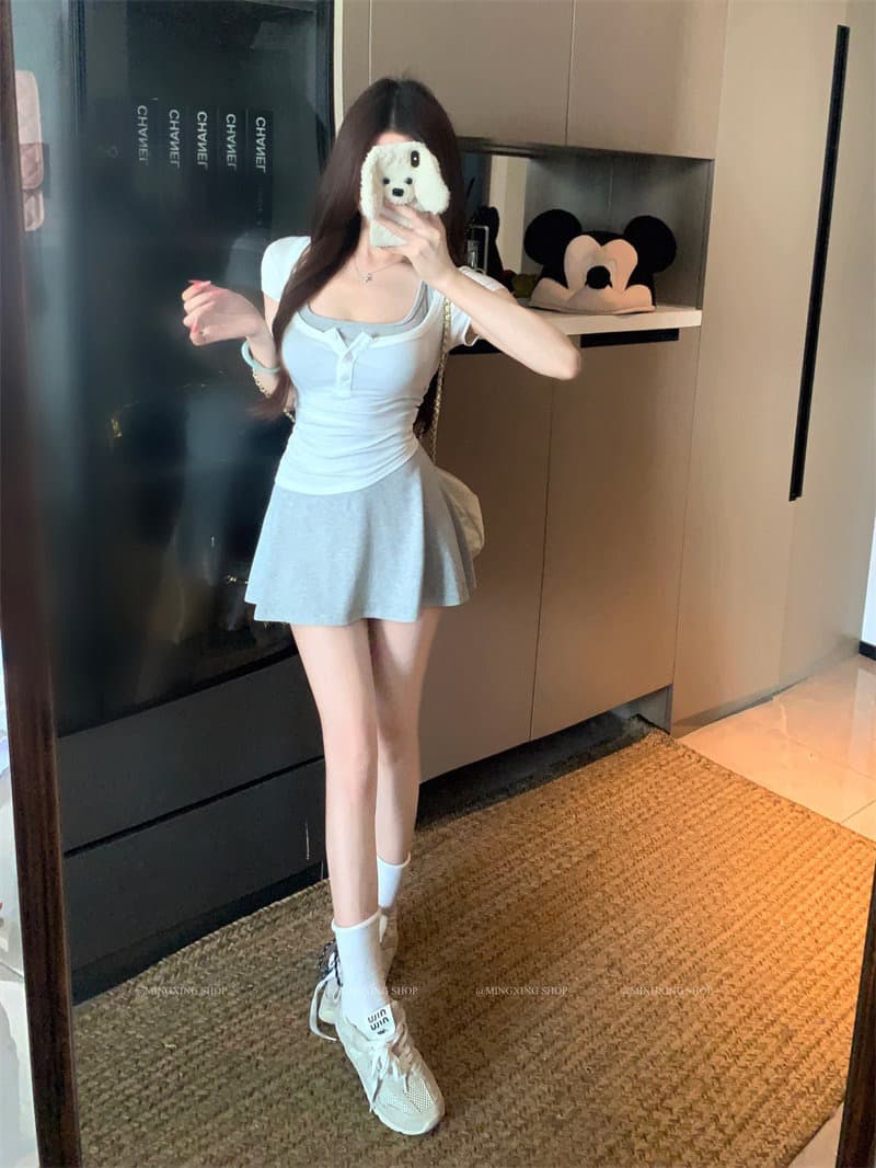 양모 대 u 칼라 단추 반팔 티셔츠 행침 목 니트 플리츠 슬립 여성 드레스 2026 여름 섹션 투피스 세트 상세 이미지 6