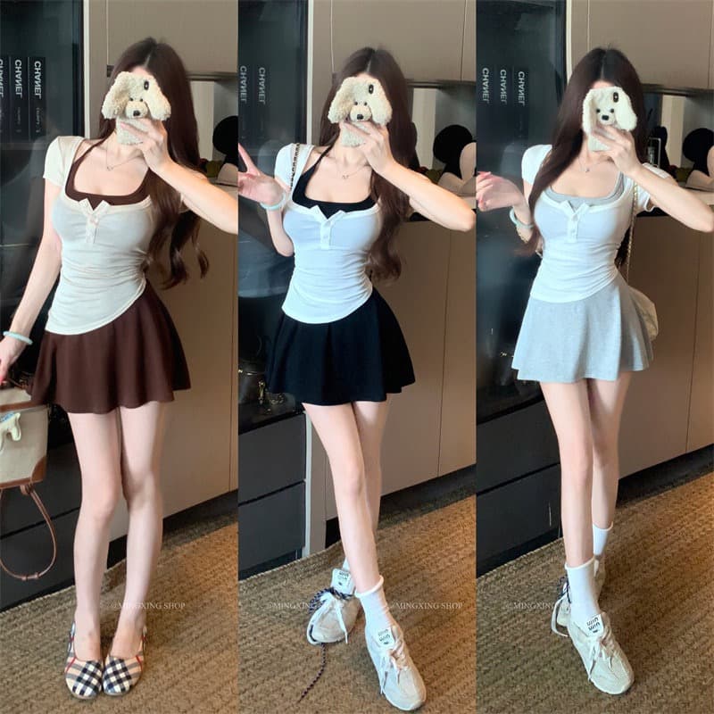 양모 대 u 칼라 단추 반팔 티셔츠 행침 목 니트 플리츠 슬립 여성 드레스 2026 여름 섹션 투피스 세트 상세 이미지 9