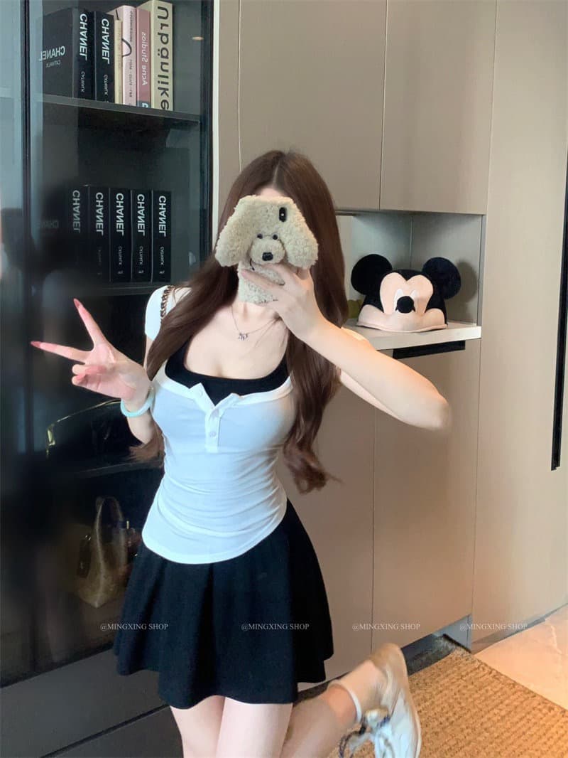 양모 대 u 칼라 단추 반팔 티셔츠 행침 목 니트 플리츠 슬립 여성 드레스 2026 여름 섹션 투피스 세트 상세 이미지 10