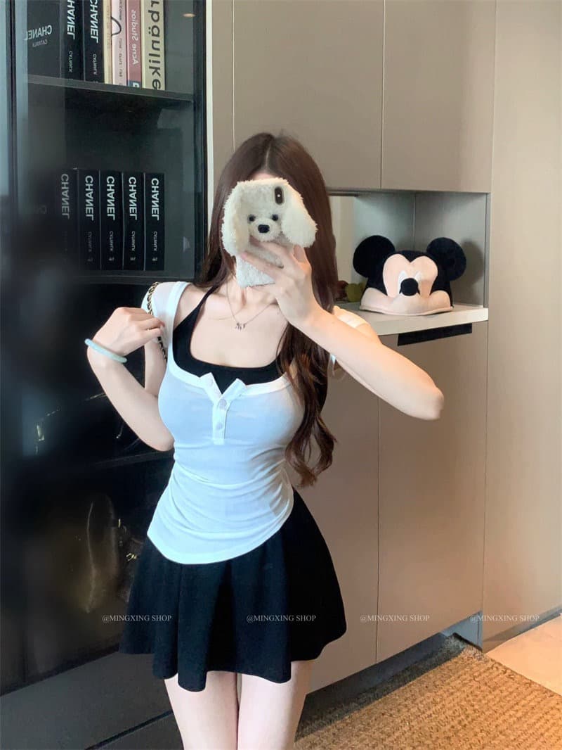 양모 대 u 칼라 단추 반팔 티셔츠 행침 목 니트 플리츠 슬립 여성 드레스 2026 여름 섹션 투피스 세트 상세 이미지 11