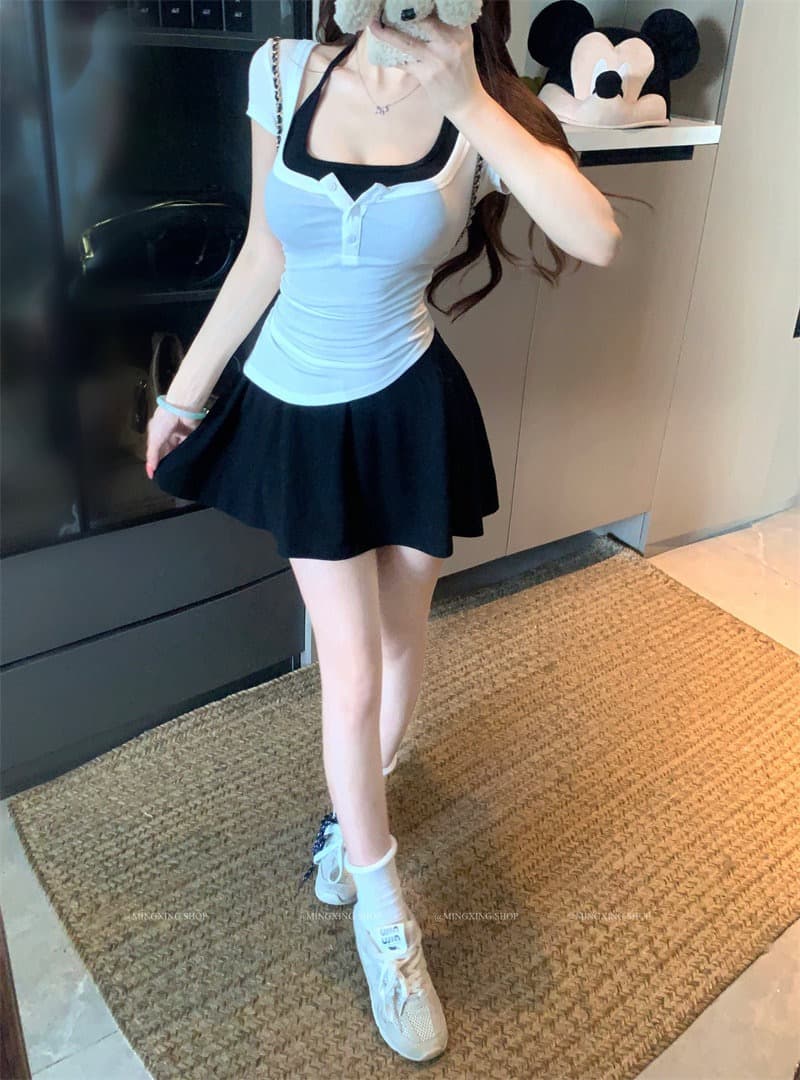 양모 대 u 칼라 단추 반팔 티셔츠 행침 목 니트 플리츠 슬립 여성 드레스 2026 여름 섹션 투피스 세트 상세 이미지 12