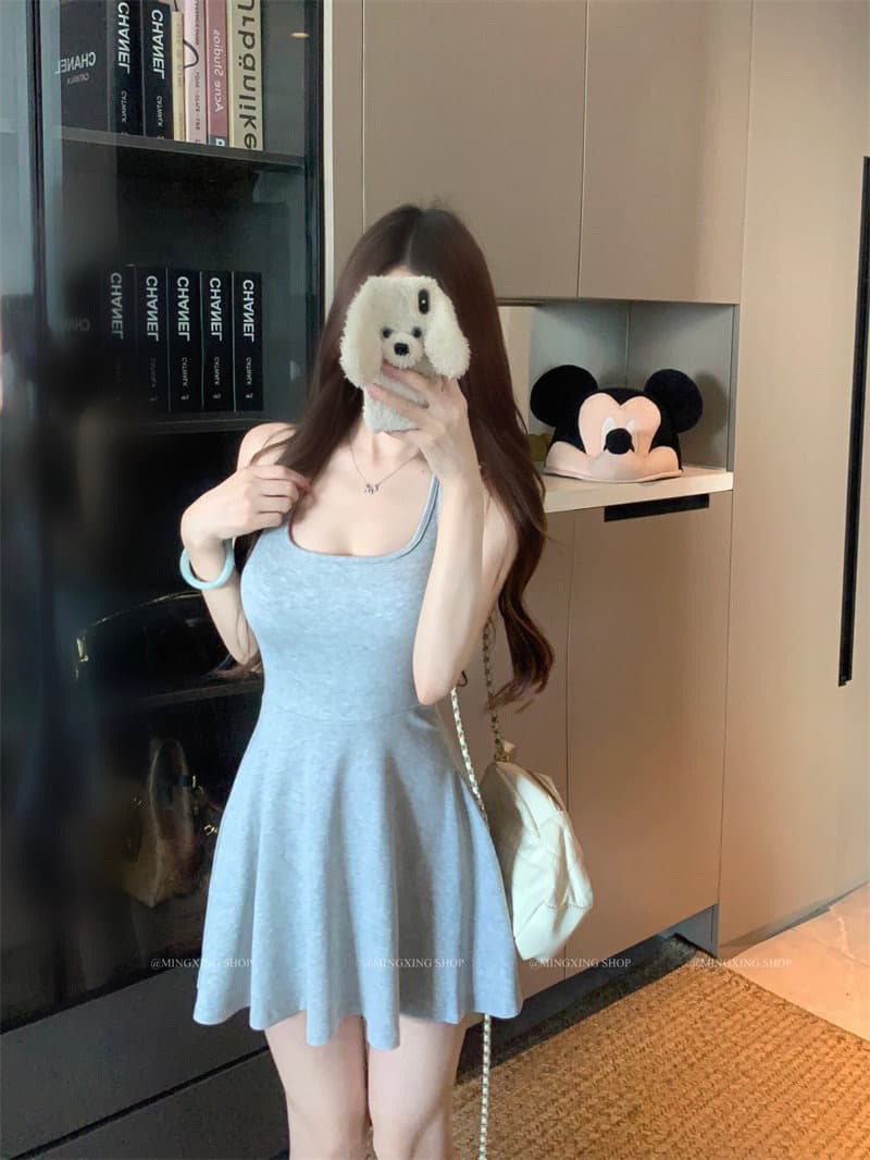 양모 대 u 칼라 단추 반팔 티셔츠 행침 목 니트 플리츠 슬립 여성 드레스 2026 여름 섹션 투피스 세트 상세 이미지 16