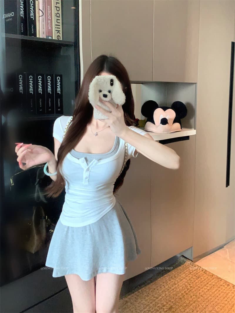 양모 대 u 칼라 단추 반팔 티셔츠 행침 목 니트 플리츠 슬립 여성 드레스 2026 여름 섹션 투피스 세트 상세 이미지 17