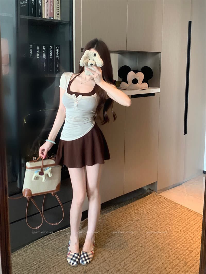 양모 대 u 칼라 단추 반팔 티셔츠 행침 목 니트 플리츠 슬립 여성 드레스 2026 여름 섹션 투피스 세트 상세 이미지 20