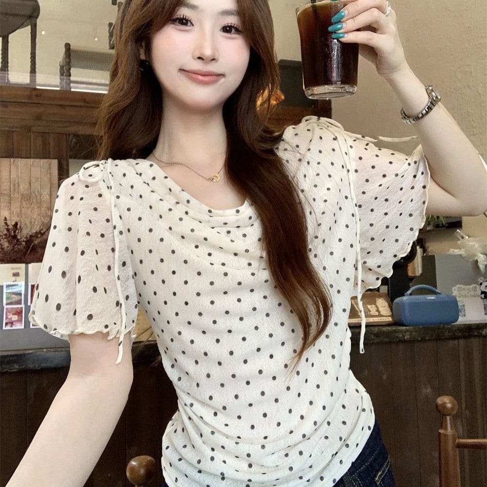 프랑스식 도트 무늬 V넥 레이스업 허리 수축 맨위 여성 여름 슬림해 보이는 품격 휴가 바람 패션 연령 감소 착용 가져 가라. 작은 키 이미지 3