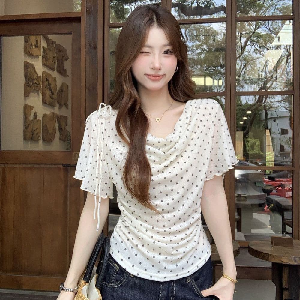 프랑스식 도트 무늬 V넥 레이스업 허리 수축 맨위 여성 여름 슬림해 보이는 품격 휴가 바람 패션 연령 감소 착용 가져 가라. 작은 키 이미지 4