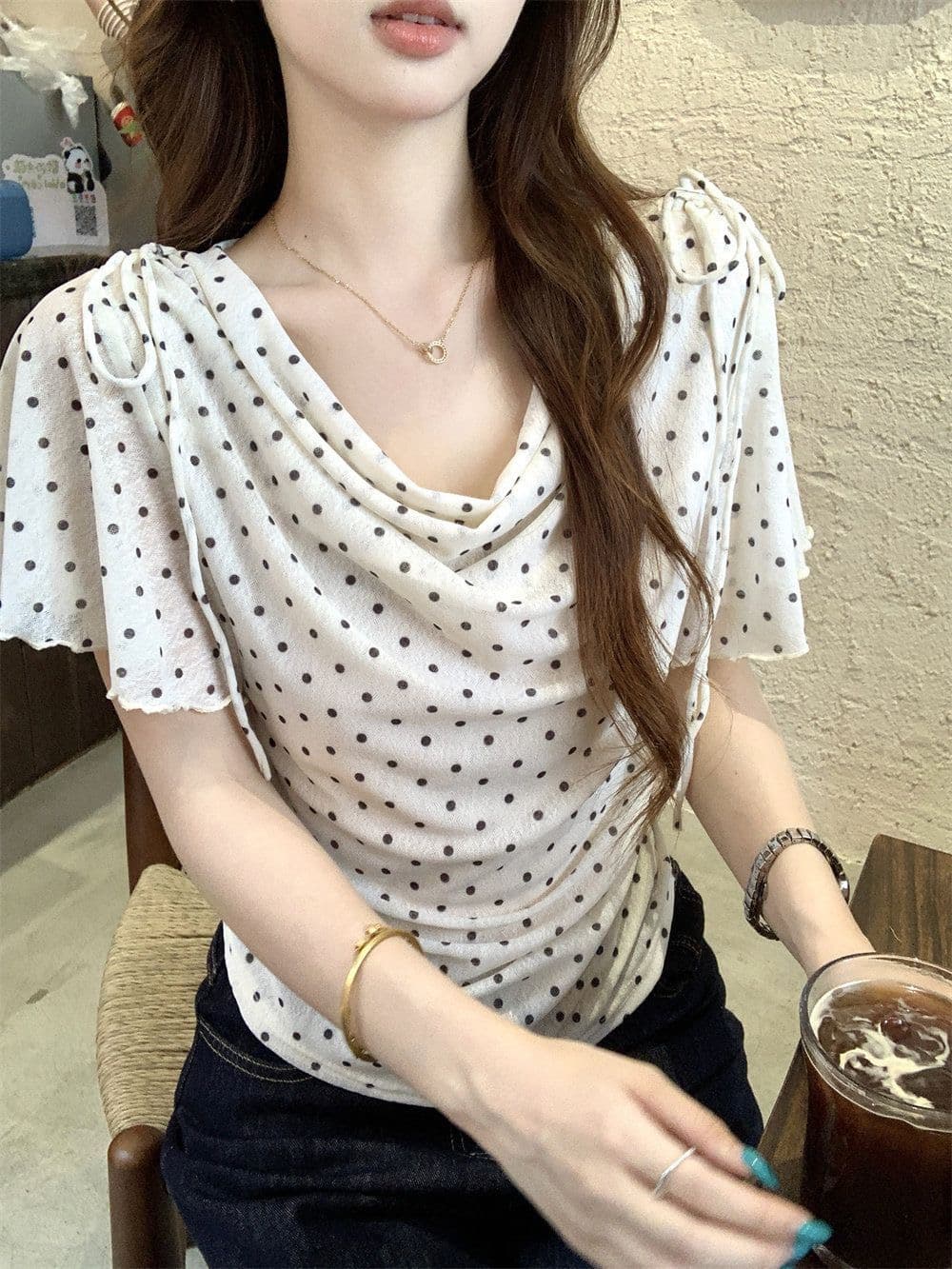 프랑스식 도트 무늬 V넥 레이스업 허리 수축 맨위 여성 여름 슬림해 보이는 품격 휴가 바람 패션 연령 감소 착용 가져 가라. 작은 키 상세 이미지 2