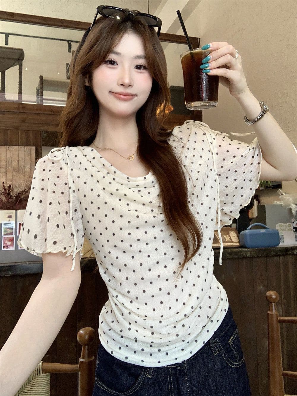 프랑스식 도트 무늬 V넥 레이스업 허리 수축 맨위 여성 여름 슬림해 보이는 품격 휴가 바람 패션 연령 감소 착용 가져 가라. 작은 키 상세 이미지 6