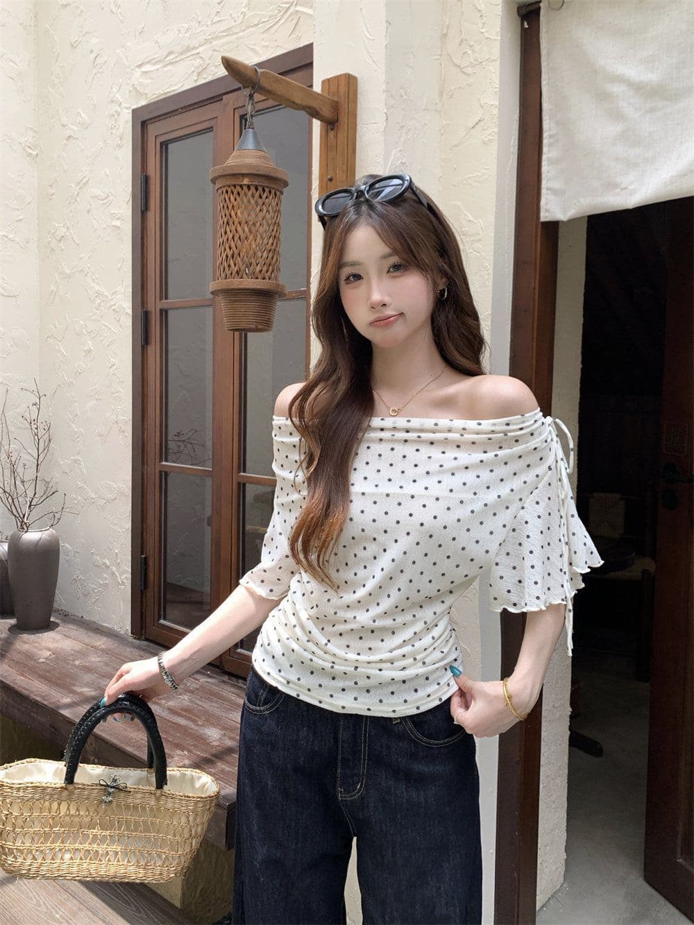 프랑스식 도트 무늬 V넥 레이스업 허리 수축 맨위 여성 여름 슬림해 보이는 품격 휴가 바람 패션 연령 감소 착용 가져 가라. 작은 키 상세 이미지 9