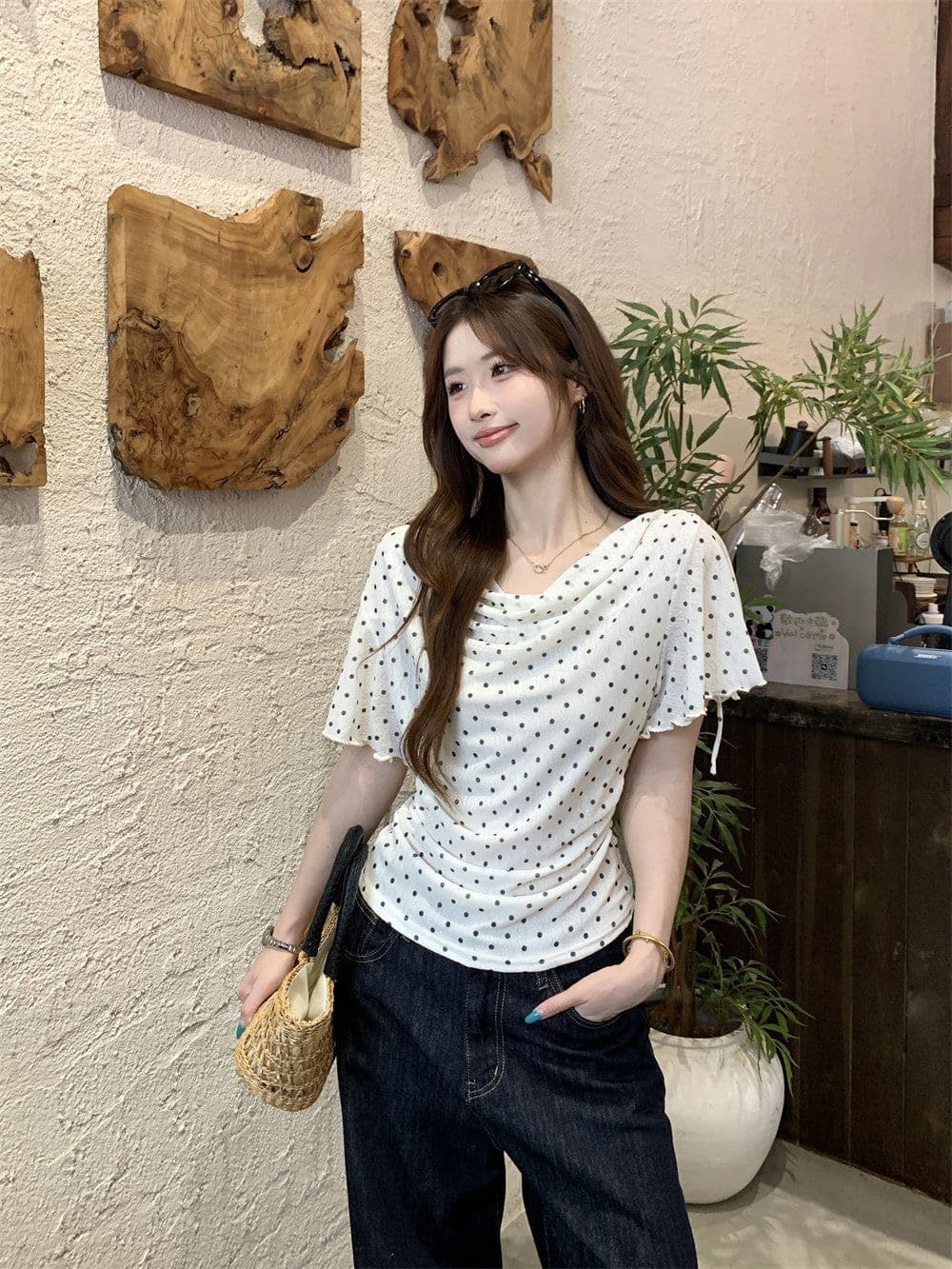 프랑스식 도트 무늬 V넥 레이스업 허리 수축 맨위 여성 여름 슬림해 보이는 품격 휴가 바람 패션 연령 감소 착용 가져 가라. 작은 키 상세 이미지 10