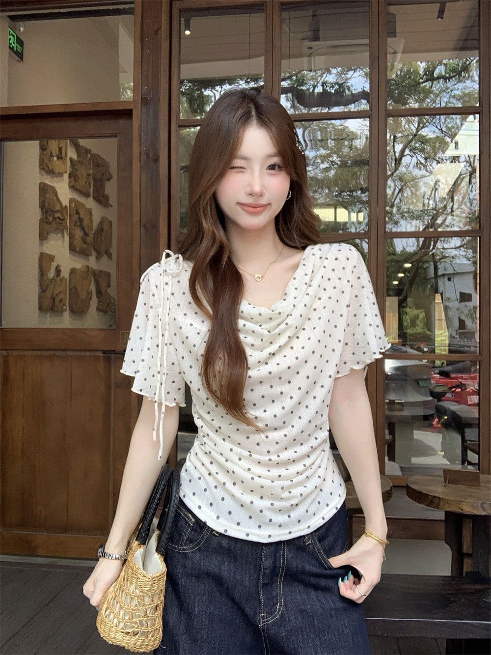 프랑스식 도트 무늬 V넥 레이스업 허리 수축 맨위 여성 여름 슬림해 보이는 품격 휴가 바람 패션 연령 감소 착용 가져 가라. 작은 키 상세 이미지 11