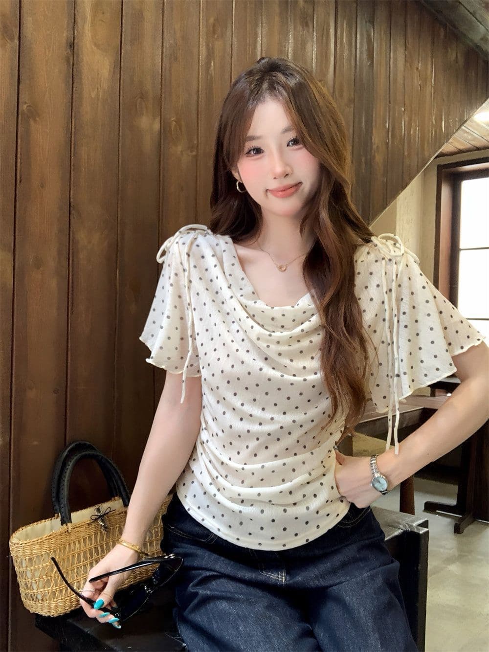프랑스식 도트 무늬 V넥 레이스업 허리 수축 맨위 여성 여름 슬림해 보이는 품격 휴가 바람 패션 연령 감소 착용 가져 가라. 작은 키 상세 이미지 13