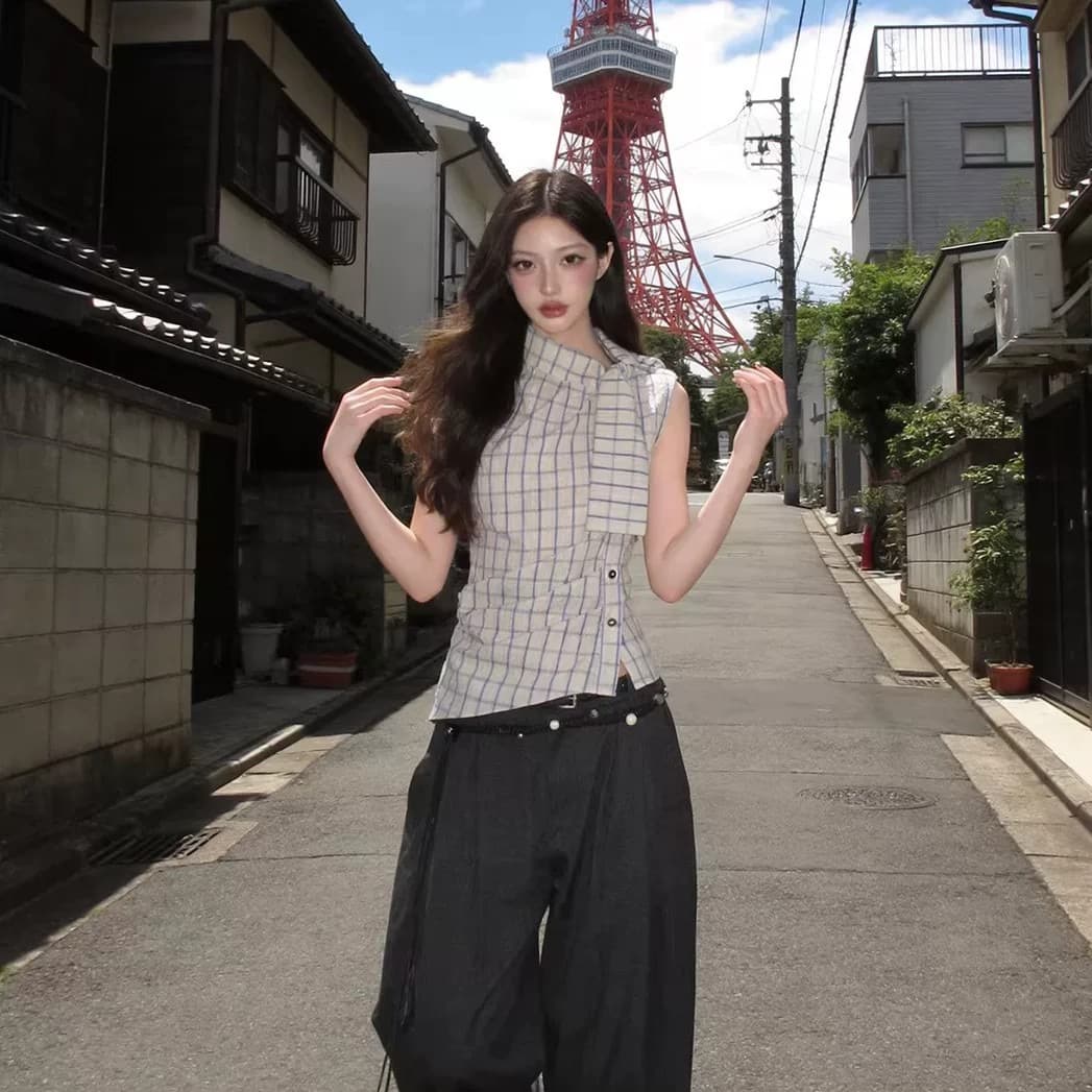 여름 체크무늬 작은 터틀넥 레이스업 허리 수축 맨위 여성 새로운 슬림해 보이는 품격 다용도 셔츠 이리저리 떠다니다 번쩍였다 조각 옷 이미지 5