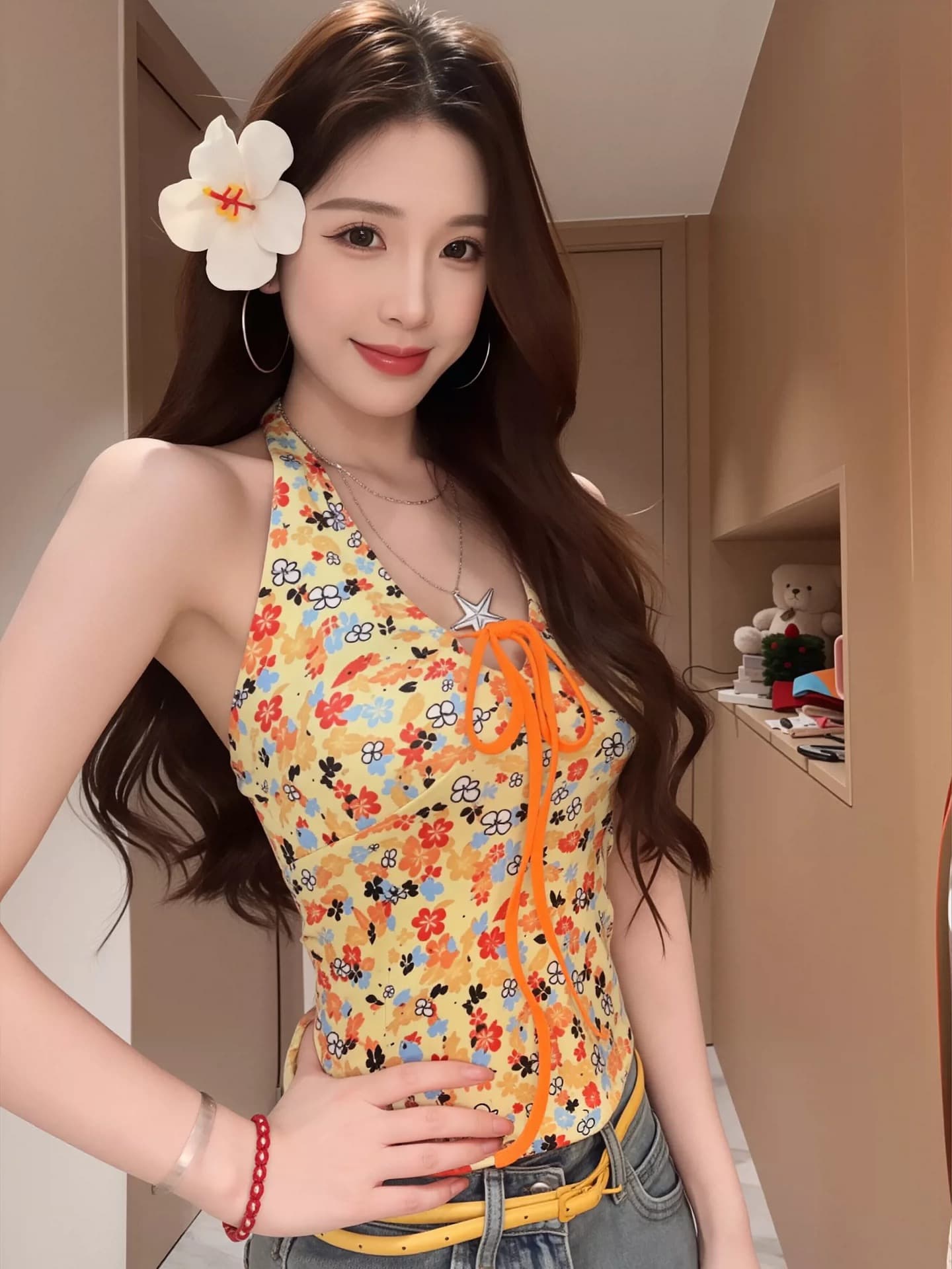 경관 그림 캐미솔 소녀 여름 도파민 몸매 가꾸기 슬림해 보이는 핫걸 행침 목 스타일 쇼트 스타일 맨위