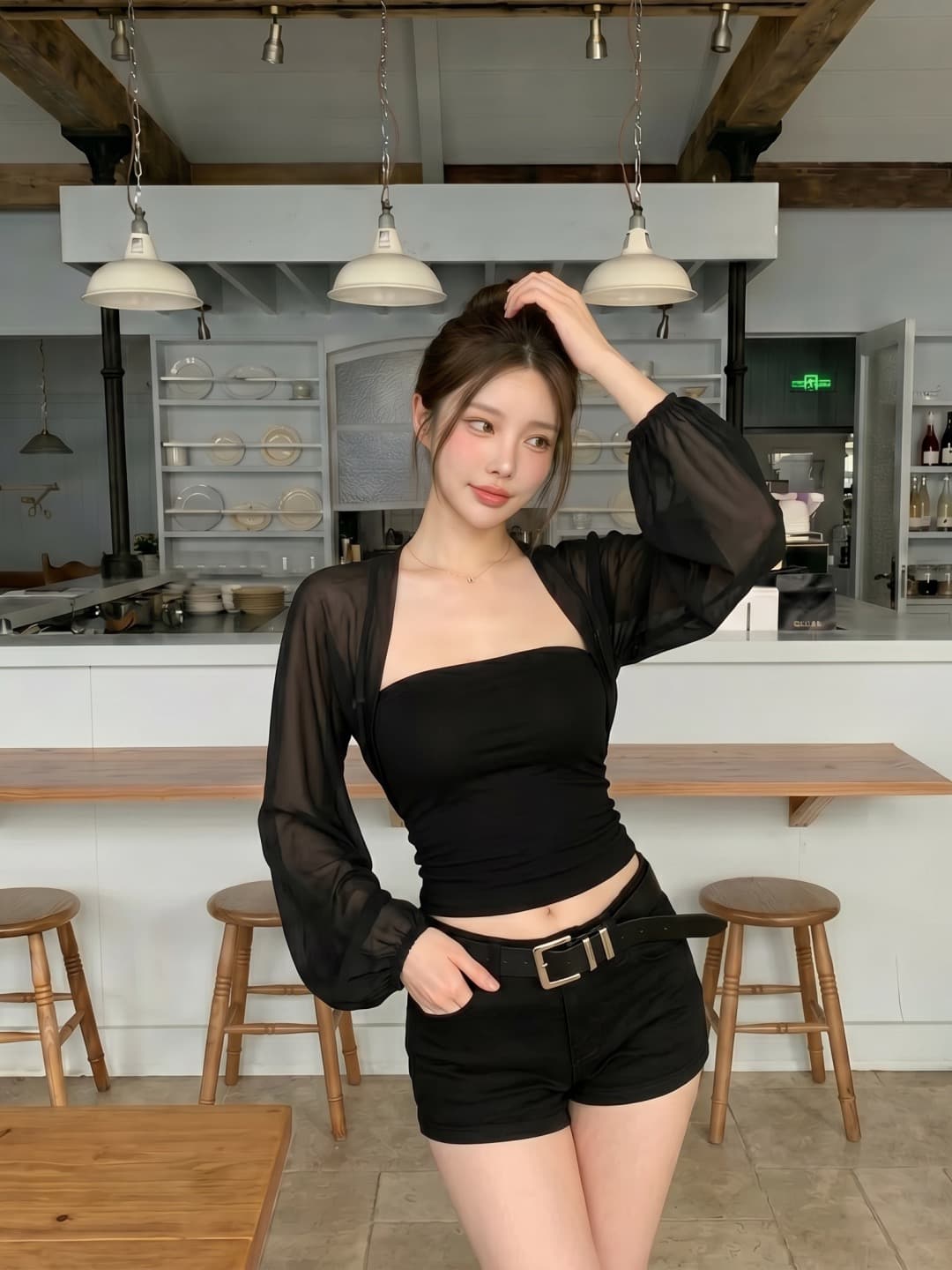 여름 새로운 섹시함 로얄 자매 바람 망사 패치워크 벌룬 소매 허리 수축 차가운 센스 마이크로 ~을 통해 긴팔 티셔츠 여성 의류 맨위 이미지 2