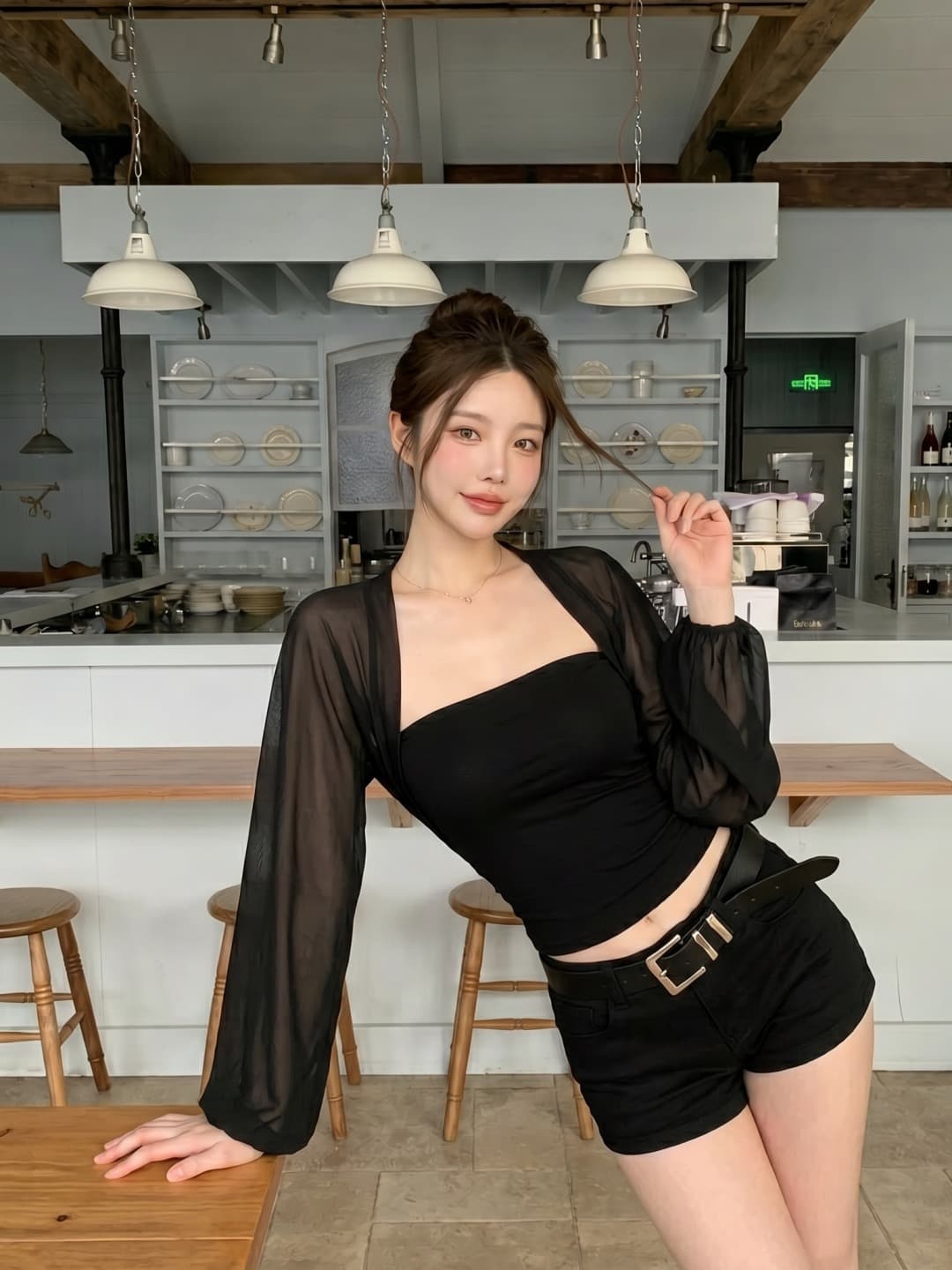 여름 새로운 섹시함 로얄 자매 바람 망사 패치워크 벌룬 소매 허리 수축 차가운 센스 마이크로 ~을 통해 긴팔 티셔츠 여성 의류 맨위 이미지 3