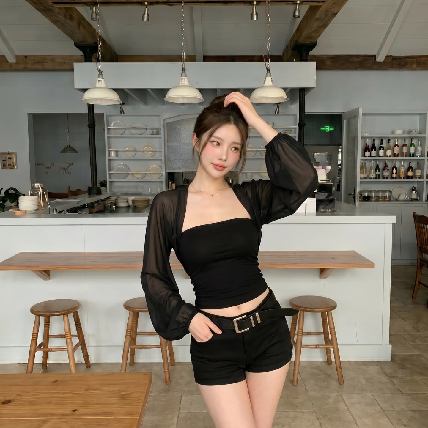 여름 새로운 섹시함 로얄 자매 바람 망사 패치워크 벌룬 소매 허리 수축 차가운 센스 마이크로 ~을 통해 긴팔 티셔츠 여성 의류 맨위 상세 이미지 5