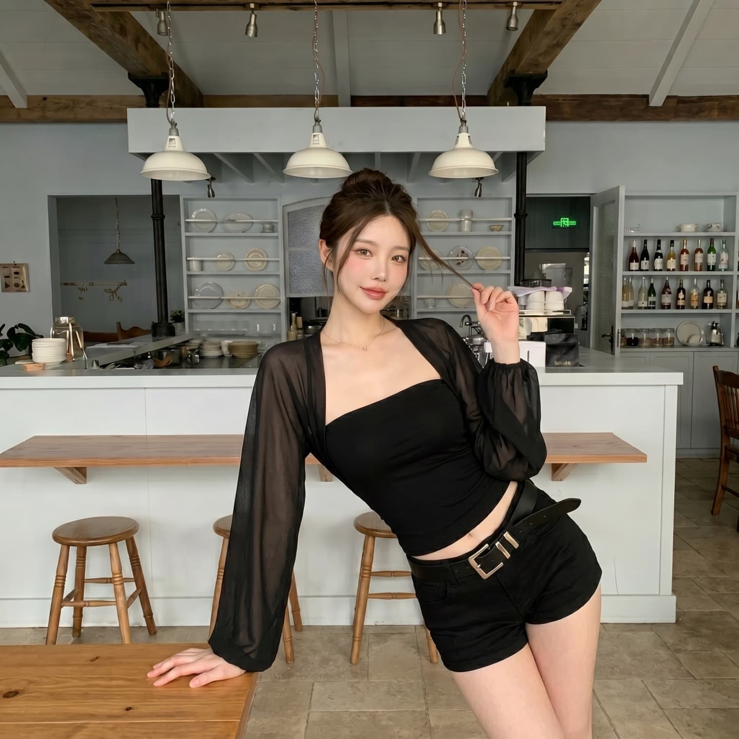 여름 새로운 섹시함 로얄 자매 바람 망사 패치워크 벌룬 소매 허리 수축 차가운 센스 마이크로 ~을 통해 긴팔 티셔츠 여성 의류 맨위 상세 이미지 7
