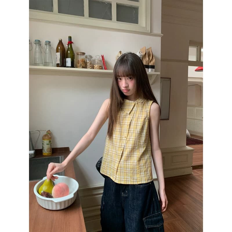 디자인 센스 폴로 칼라 민소매 여성 셔츠 여름 새로운 체크무늬 작은 셔츠 캐주얼 다용도 맨위 트렌디 이미지 4