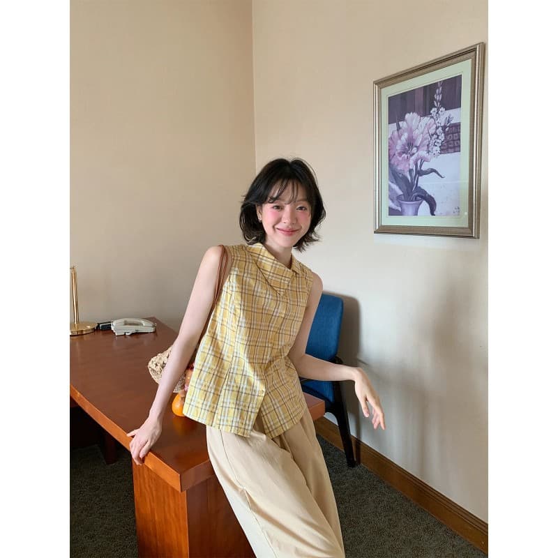 디자인 센스 폴로 칼라 민소매 여성 셔츠 여름 새로운 체크무늬 작은 셔츠 캐주얼 다용도 맨위 트렌디 이미지 3