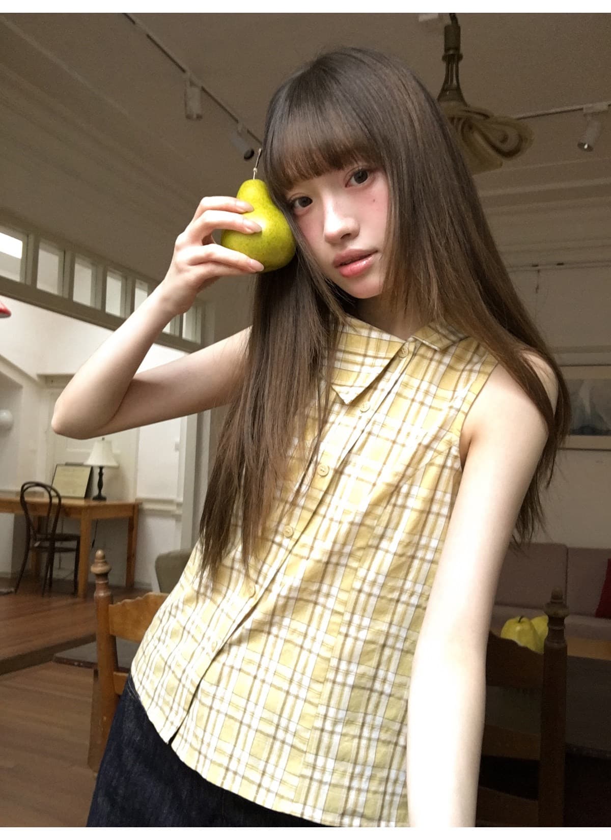 디자인 센스 폴로 칼라 민소매 여성 셔츠 여름 새로운 체크무늬 작은 셔츠 캐주얼 다용도 맨위 트렌디 상세 이미지 3