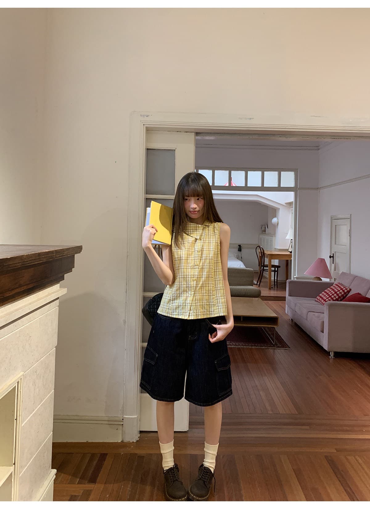 디자인 센스 폴로 칼라 민소매 여성 셔츠 여름 새로운 체크무늬 작은 셔츠 캐주얼 다용도 맨위 트렌디 상세 이미지 6