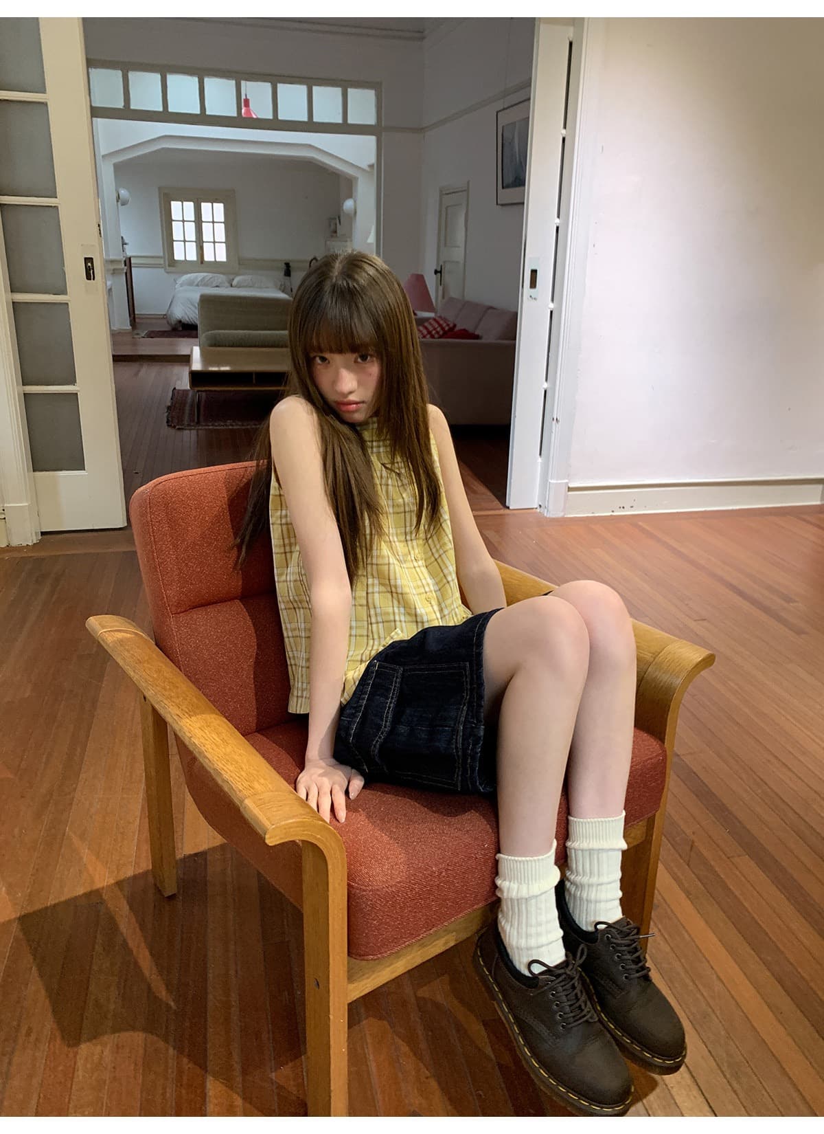디자인 센스 폴로 칼라 민소매 여성 셔츠 여름 새로운 체크무늬 작은 셔츠 캐주얼 다용도 맨위 트렌디 상세 이미지 8