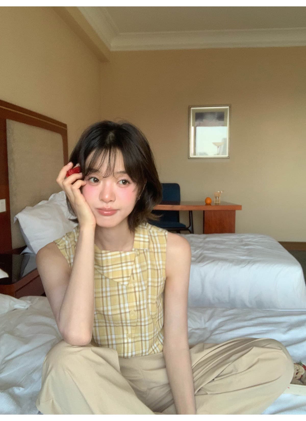 디자인 센스 폴로 칼라 민소매 여성 셔츠 여름 새로운 체크무늬 작은 셔츠 캐주얼 다용도 맨위 트렌디 상세 이미지 14