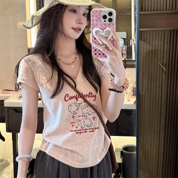 원본 원단 이후 패키지 칼라 한 부서 고양이 알파벳 프린트 V넥 티셔츠 여성 여름 통기성 다용도 반팔 맨위 이미지 3