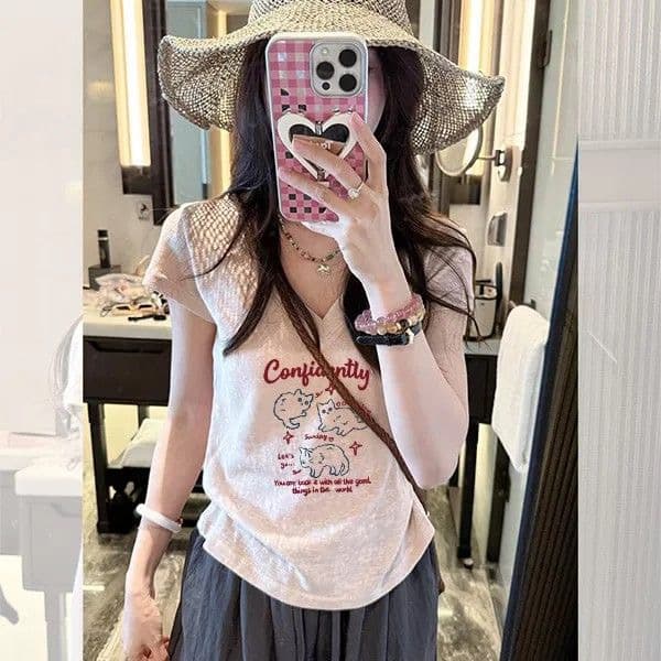 원본 원단 이후 패키지 칼라 한 부서 고양이 알파벳 프린트 V넥 티셔츠 여성 여름 통기성 다용도 반팔 맨위 이미지 2