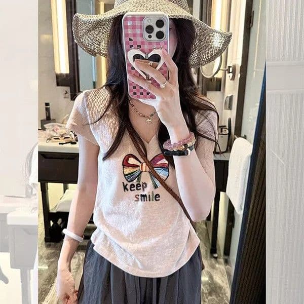 원본 원단 이후 패키지 칼라 한 부서 고양이 알파벳 프린트 V넥 티셔츠 여성 여름 통기성 다용도 반팔 맨위 이미지 4