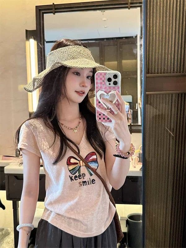 원본 원단 이후 패키지 칼라 한 부서 고양이 알파벳 프린트 V넥 티셔츠 여성 여름 통기성 다용도 반팔 맨위 상세 이미지 4