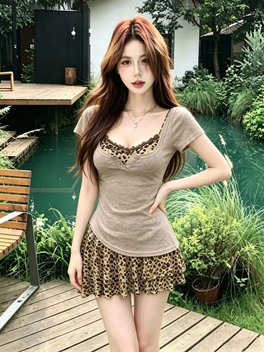수신 Pleat 반팔 티셔츠 레이스 레오파드 무늬 벨트 가슴 패드 미니 스커트 세트 여성 상세 이미지 7