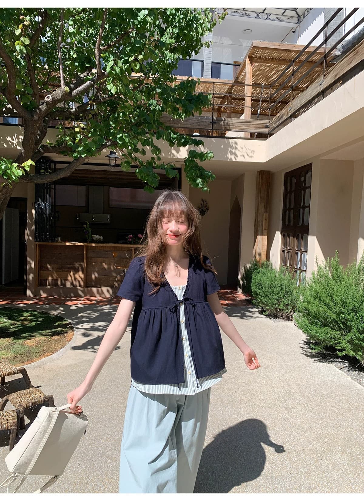원본 품질 페이크 레이어드 패치워크 반팔 여성 셔츠 여름 새로운 프릴 스트랩 작은 셔츠 디자인 센스 맨위 상세 이미지 12