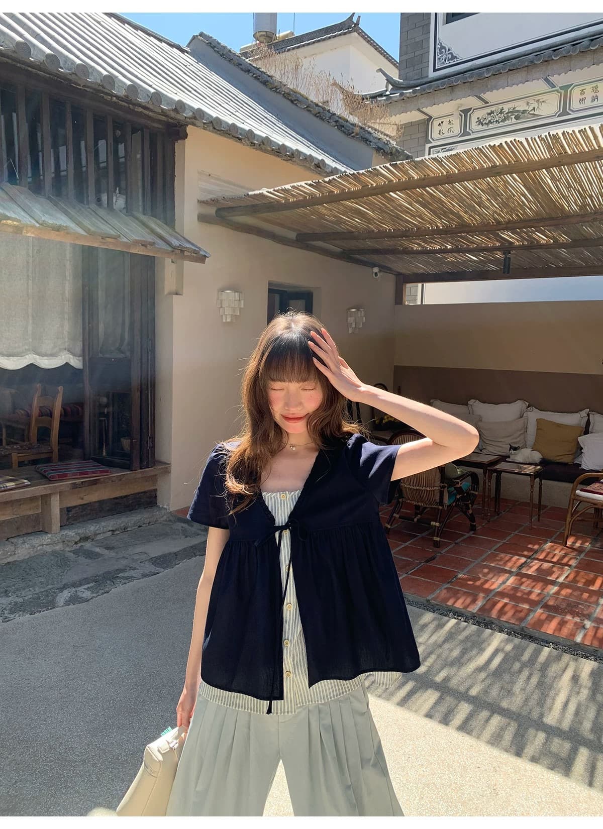 원본 품질 페이크 레이어드 패치워크 반팔 여성 셔츠 여름 새로운 프릴 스트랩 작은 셔츠 디자인 센스 맨위 상세 이미지 24