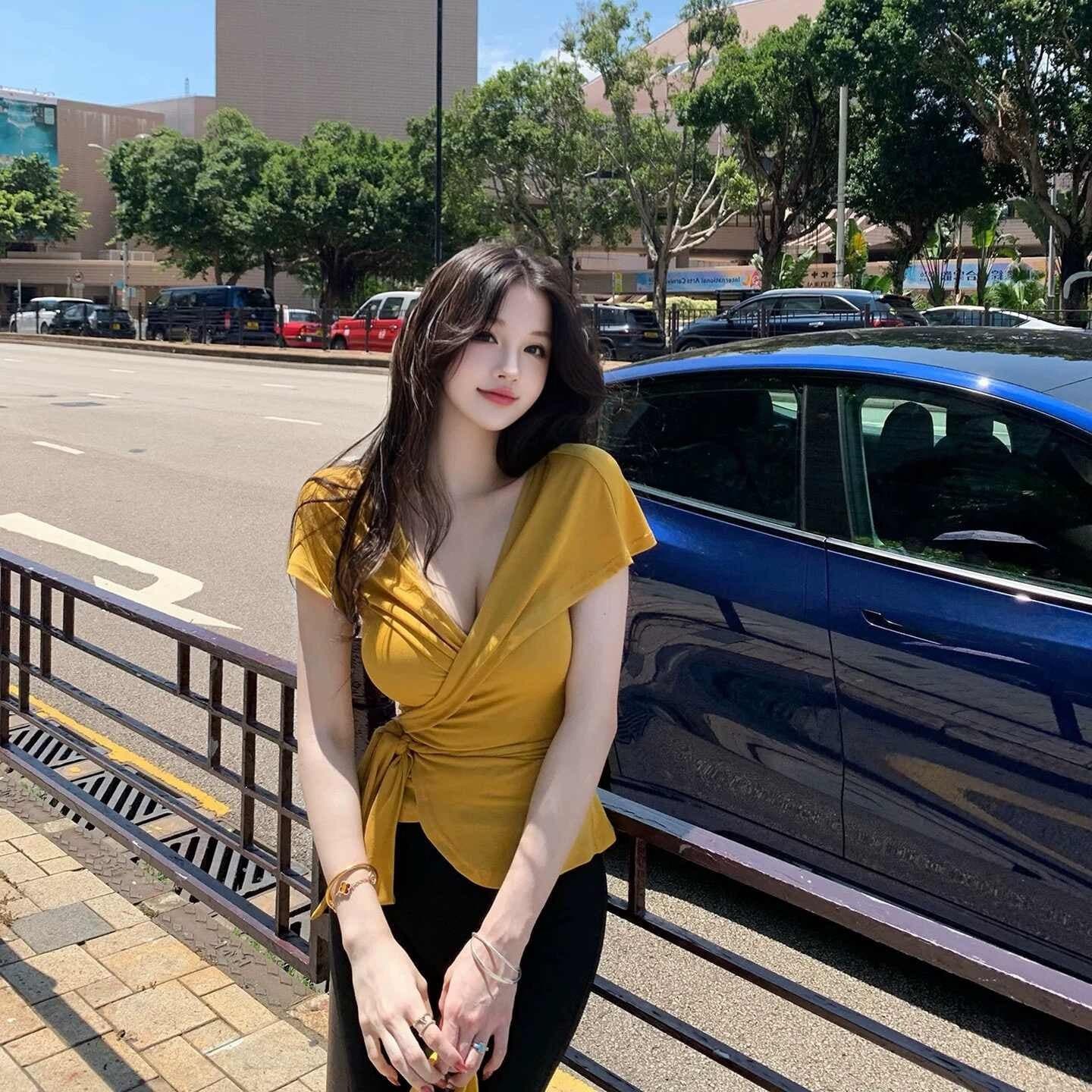 프랑스식 디자인 센스 V넥 스트랩 반팔 여성 여름 새로운 핫걸 몸매 가꾸기 슬림해 보이는 꼬집기 허리 섹시함 다용도 맨위 이미지 5