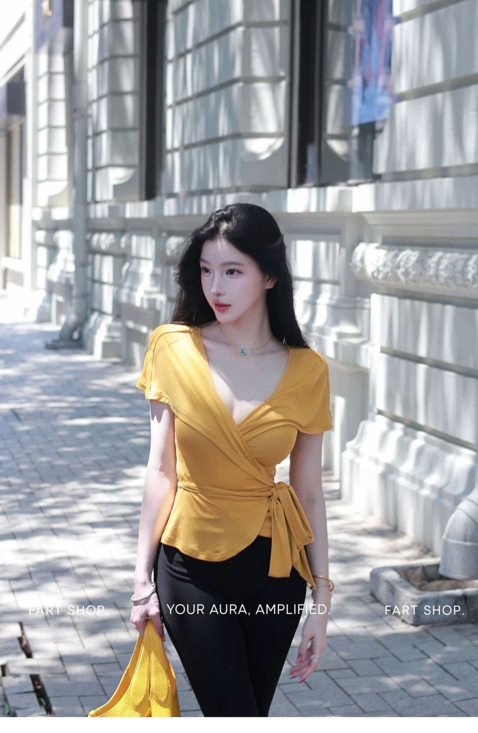 프랑스식 디자인 센스 V넥 스트랩 반팔 여성 여름 새로운 핫걸 몸매 가꾸기 슬림해 보이는 꼬집기 허리 섹시함 다용도 맨위 상세 이미지 1