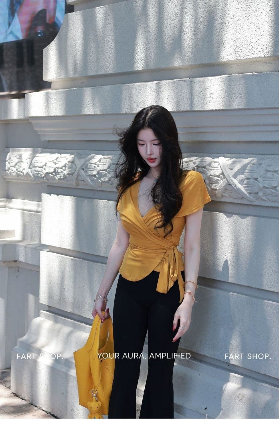 프랑스식 디자인 센스 V넥 스트랩 반팔 여성 여름 새로운 핫걸 몸매 가꾸기 슬림해 보이는 꼬집기 허리 섹시함 다용도 맨위 상세 이미지 5