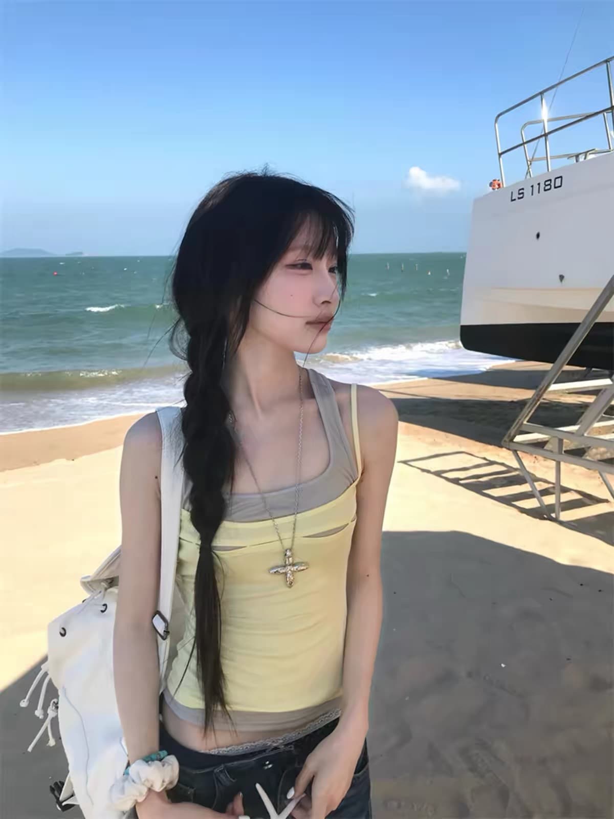 광저우 원단 슬립 황색 페이크 레이어드 조끼 여성 여름 몸매 가꾸기 슬림해 보이는 캐주얼 맨위 상세 이미지 1
