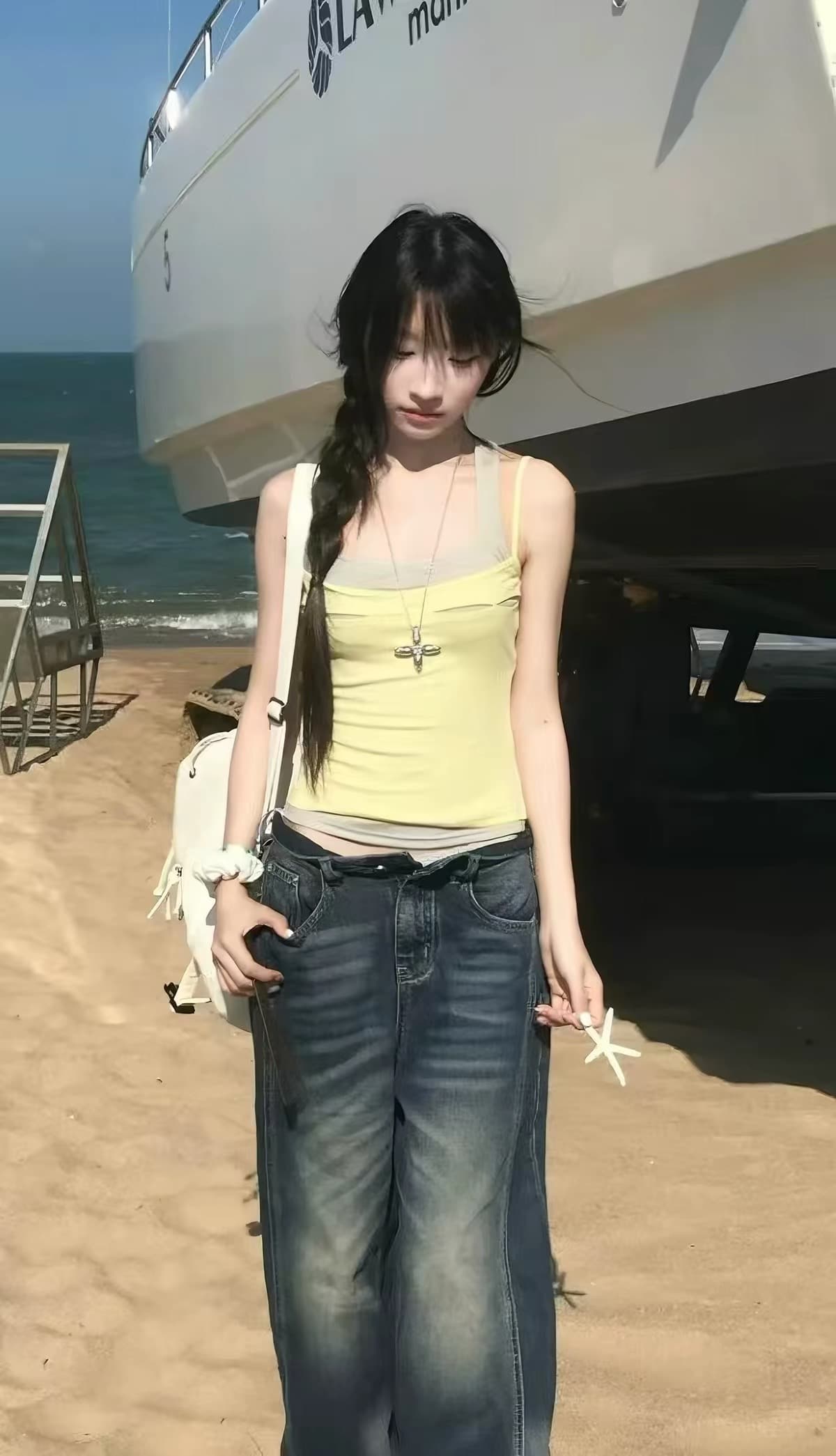 광저우 원단 슬립 황색 페이크 레이어드 조끼 여성 여름 몸매 가꾸기 슬림해 보이는 캐주얼 맨위 상세 이미지 7