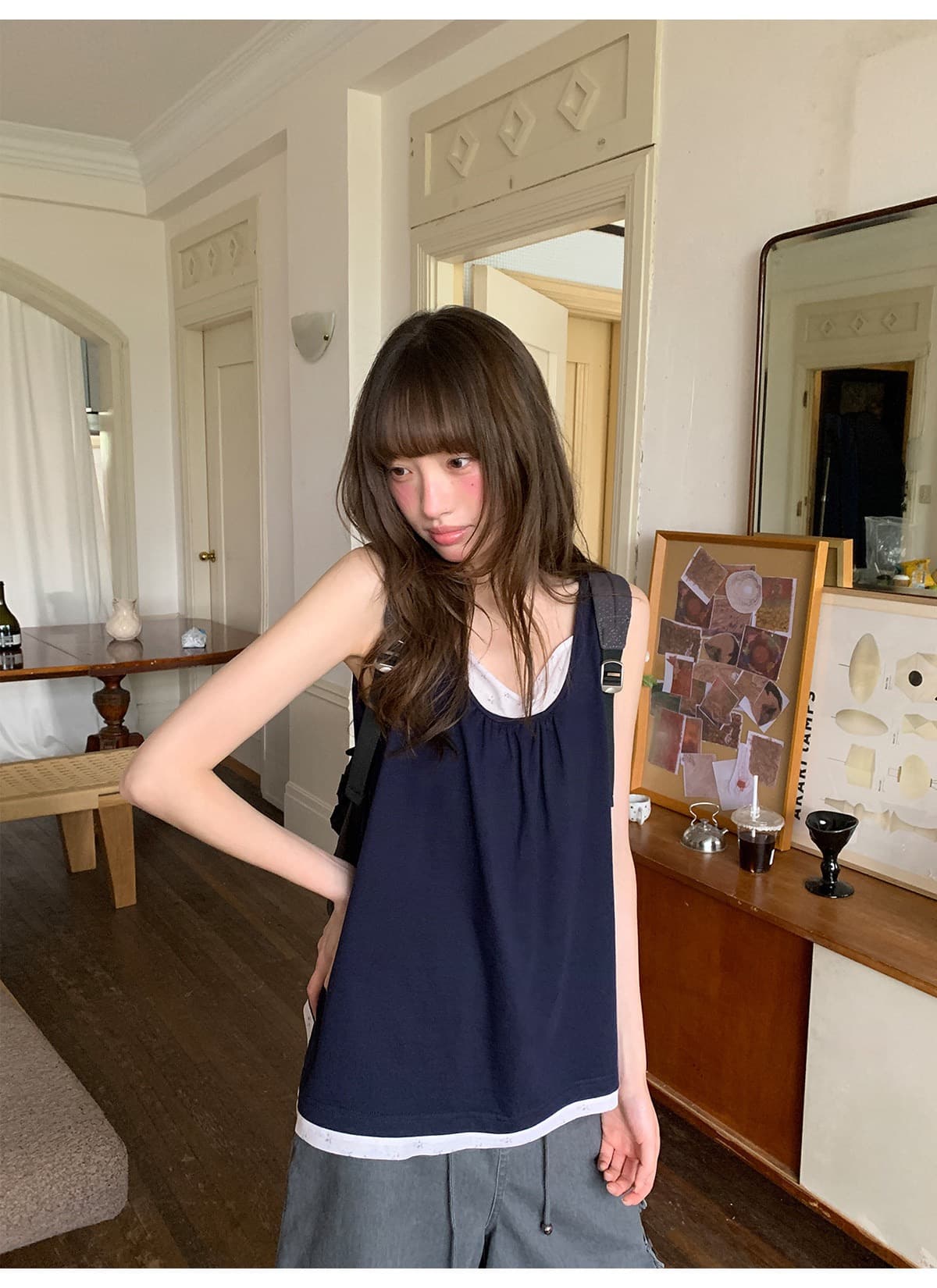 사람들 면 페이크 레이어드 패치워크 조끼 여성 여름 새로운 한 부서 작은 루즈핏 디자인 센스 니트 스웨터 맨위 상세 이미지 5