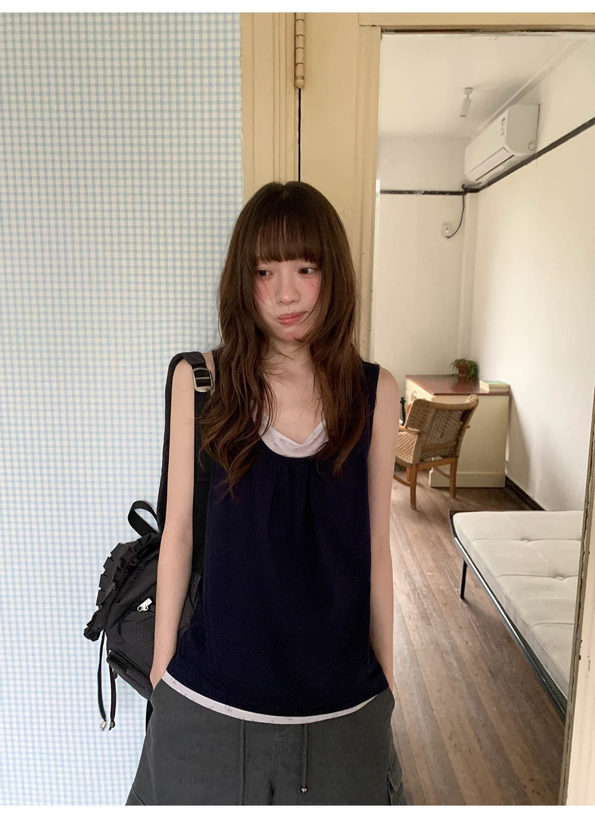 사람들 면 페이크 레이어드 패치워크 조끼 여성 여름 새로운 한 부서 작은 루즈핏 디자인 센스 니트 스웨터 맨위 상세 이미지 6