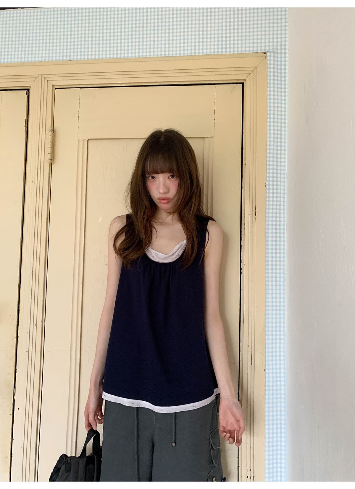사람들 면 페이크 레이어드 패치워크 조끼 여성 여름 새로운 한 부서 작은 루즈핏 디자인 센스 니트 스웨터 맨위 상세 이미지 19