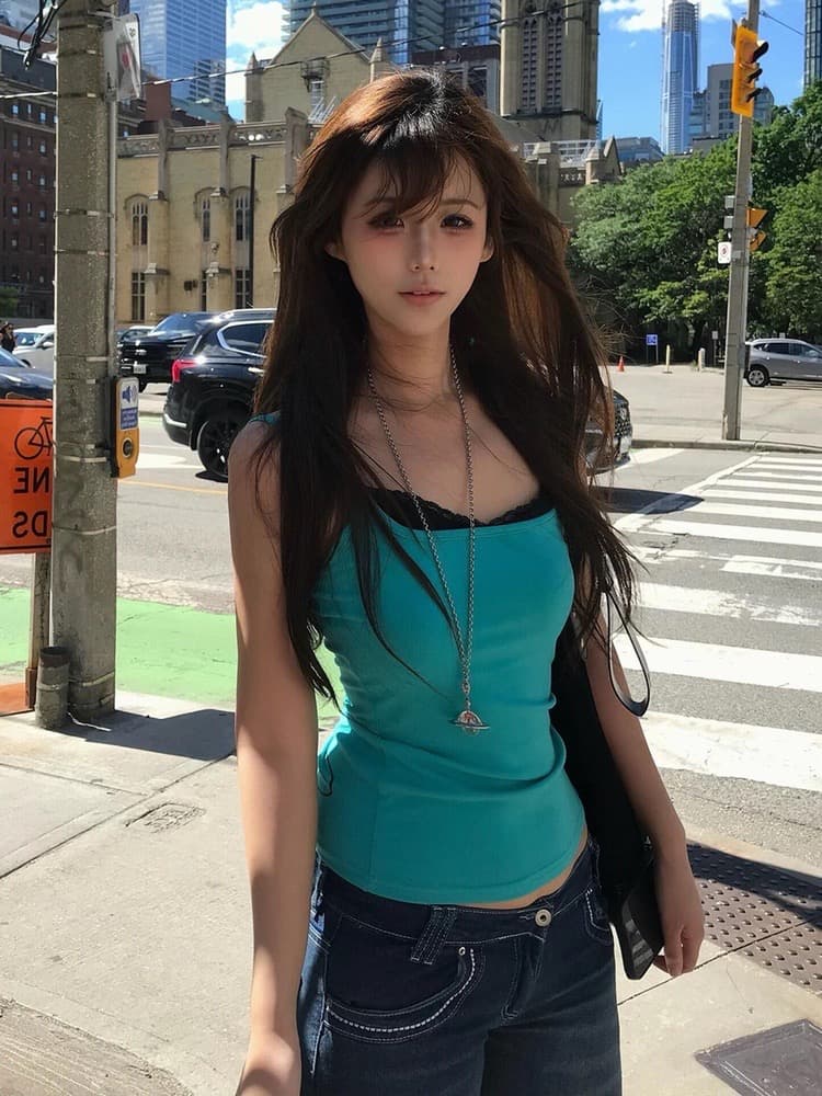 40 순면 한 부서 박하 녹색 페이크 레이어드 민소매 캐미솔 여름 몸매 가꾸기 슬림해 보이는 다용도 느긋한 맨위 상세 이미지 3