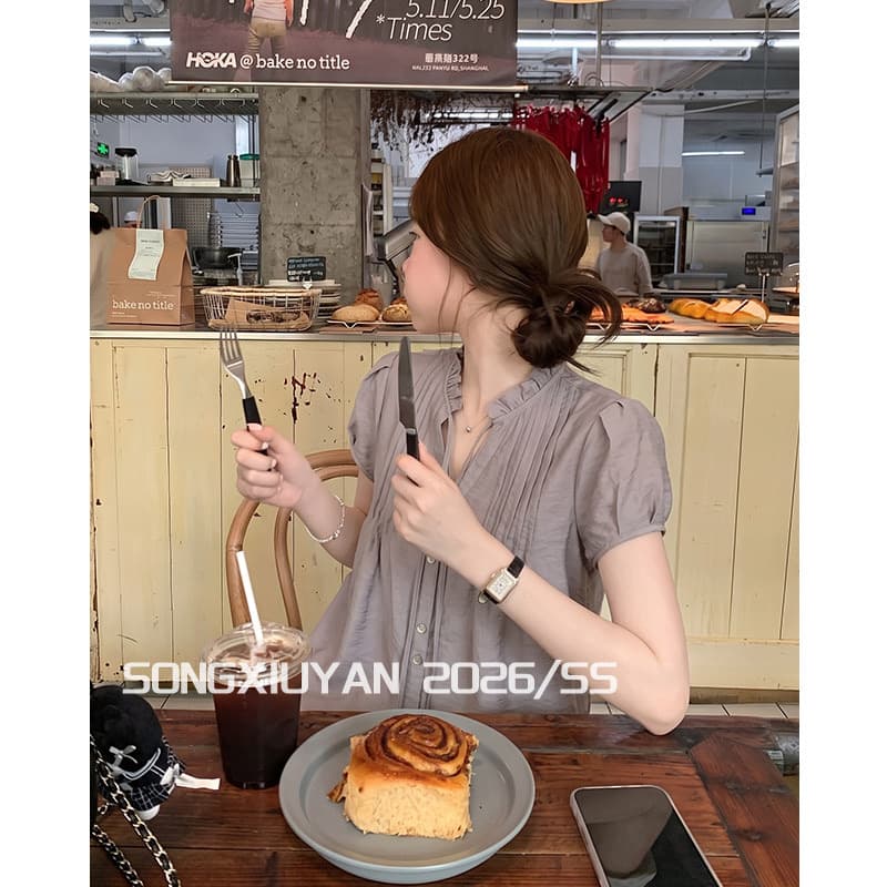 원본 원단 프릴 거품 소매 셔츠 여름 프랑스식 고급 센스 품격 루즈핏 슬림해 보이는 다용도 작은 셔츠 이미지 5