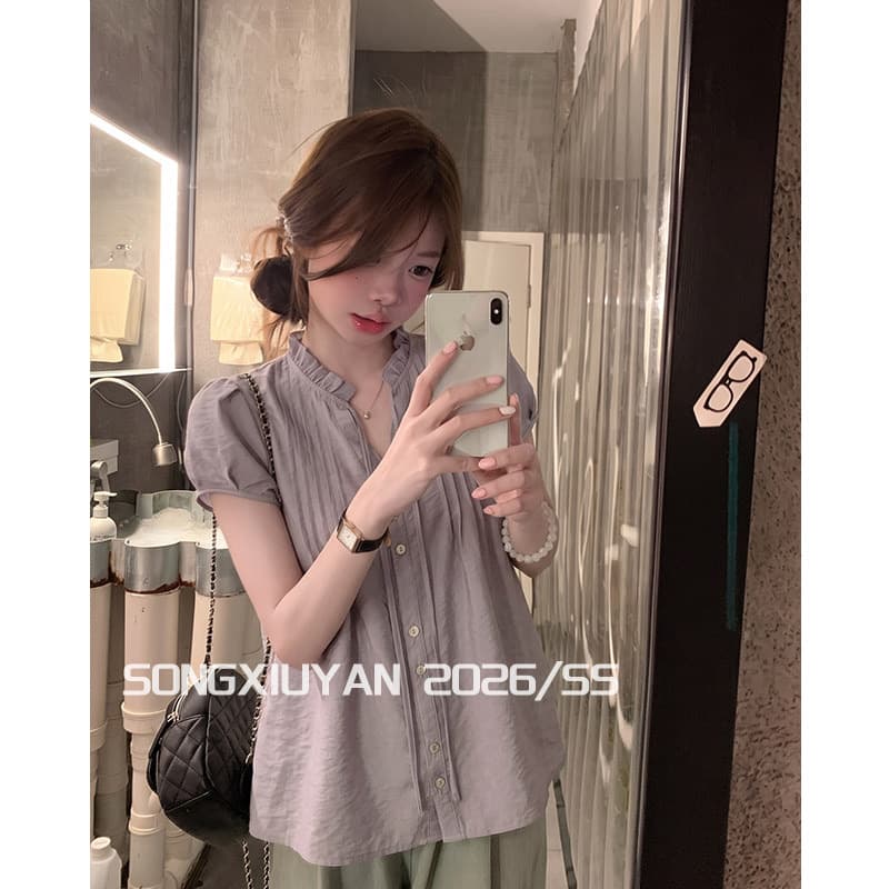 원본 원단 프릴 거품 소매 셔츠 여름 프랑스식 고급 센스 품격 루즈핏 슬림해 보이는 다용도 작은 셔츠 이미지 2